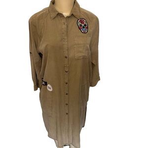 NWT Velvet Heart khaki shirt dress long sleeve button up skull grunge patches S